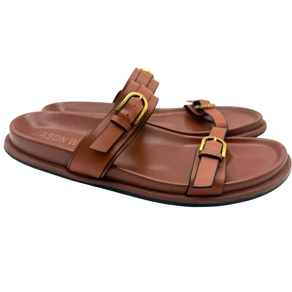 Jason Wu Sandals Women 10 Brown Excellent Leather Double Buckle Slide Shoes